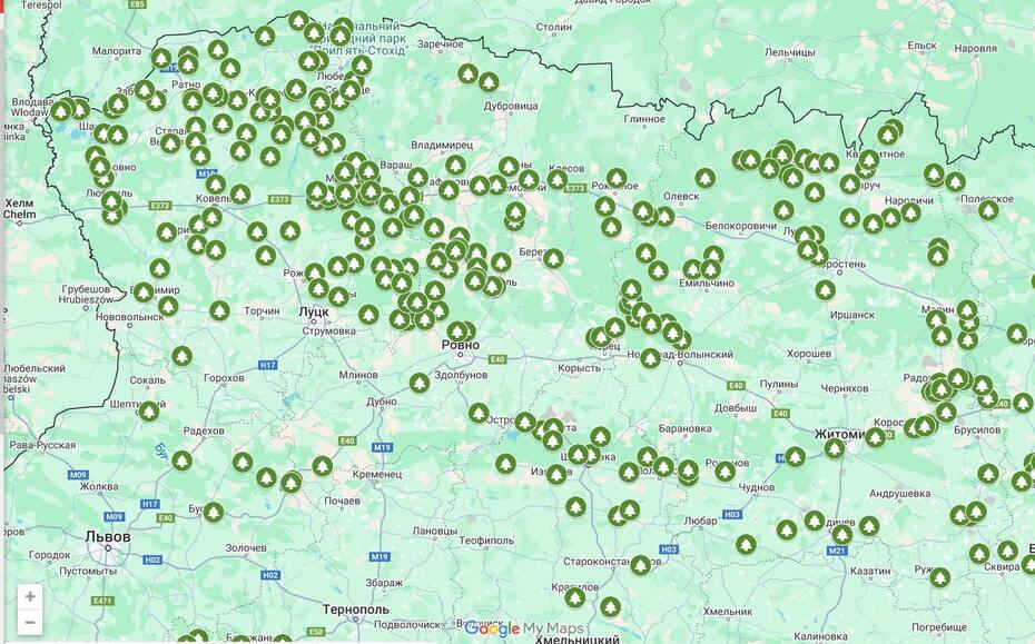Карта рекреаційних пунктів ДП «Ліси України» на північному заході країни